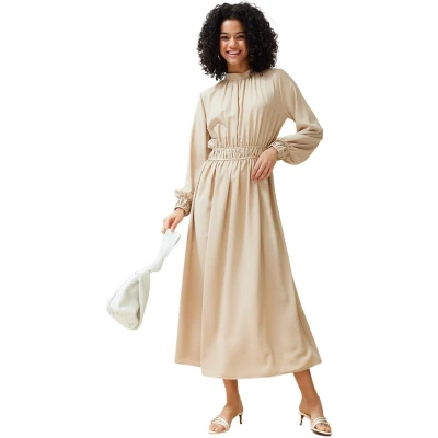Afbeelding van Trendyol Beige Opstaande Kraag, Taille En Mouwen Verzameld, Gedetailleerde Geweven Jurk Tctss24Eb00083