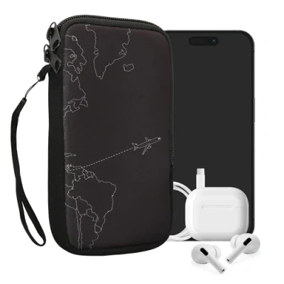 Afbeelding van kwmobile hoesje voor smartphones L 6,5&quot; hoes van Neopreen Travel Vliegtuig design wit / zwart binnenmaat 16,5 x 8,9 cm