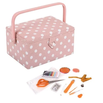 Afbeelding van Hobby Gift Exclusieve voorgevulde knutseldoos met 94 delige naaiset inbegrepen, 18,5 x 25,5 14,5 cm, roze stipje