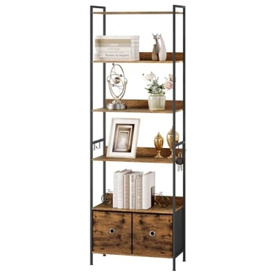 Afbeelding van WOLTU RGB62vbn Boekenkast met 5 etages 2 laden, industrieel stalen frame, woonkamer/kantoor/studie/keuken/slaapkamer, rustiek bruin + zwart,