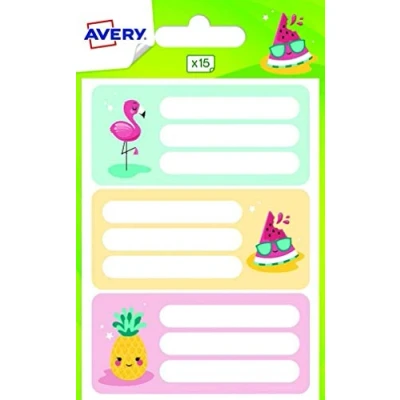 Afbeelding van AVERY Tas met 15 etiketten voor notitieboeken en schoolmaterialen, tropisch design: flamingo, watermeloen ananas, formaat 76 x 34 mm, meerkleurig