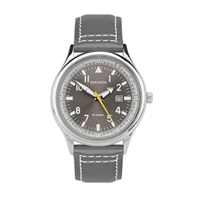 Afbeelding van SEKONDA Quartz herenhorloge met grijze wijzerplaat, analoog display en bruine leren band 3882.27