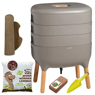 Afbeelding van Moutta Urbalive 3 bakjes Grijs, Complete Kit I Wormenbak Design 500gr Compostwormen Startersubstraat Hennepmat + Schep Binnen, balkon en tuin