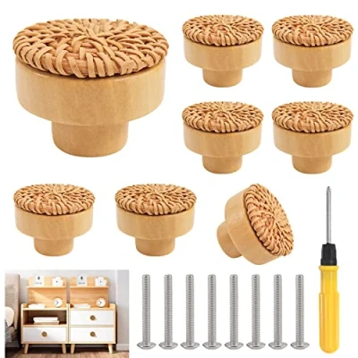 Afbeelding van 8 stuks rotan meubelknoppen, kastknoppen voor boho decoratieve kasten, houten commodeknoppen, ladeknoppen vintage ladekast, handgrepen keukenkasten, deurknoppen