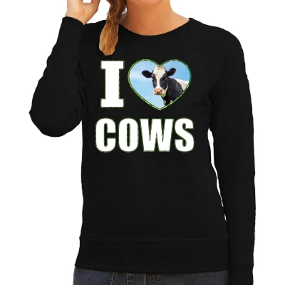 Afbeelding van I love cows trui met dieren foto van een koe zwart voor dames cadeau sweater koeien liefhebber XXL