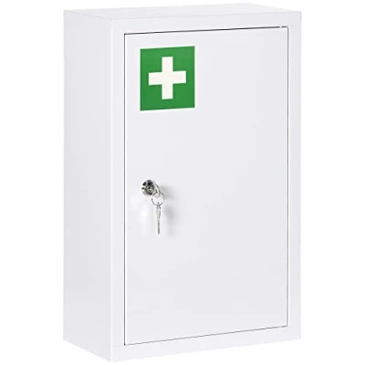 Afbeelding van kleankin Medicijnkastje, apothekerskast met 3 vakken, medicijnkast, afsluitbare EHBO kast 2 sleutels, staal, wit, 30 x 14 46 cm