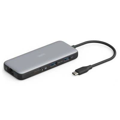 Afbeelding van DIGITUS USB C docking station 8 poorts 2x HDMI UltraHD 4k/60Hz A 3.2 Gen2 1x 100W PD 3.0 RJ45 Dubbele kaartlezer Grijs