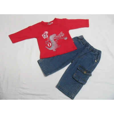 Afbeelding van Wiplala , jongens kledingset ensemble t shirt lange mouw rood + jeans 74 9 maand