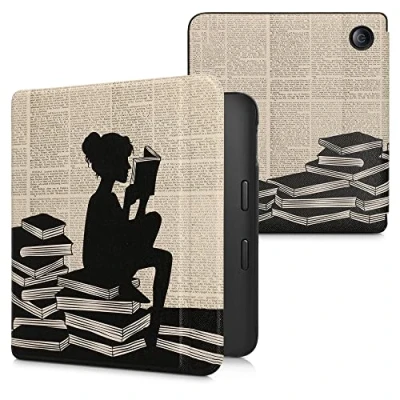 Afbeelding van kwmobile hoes geschikt voor Kobo Libra 2 Magnetische sluiting E reader cover in zwart / beige Meisje met boeken design
