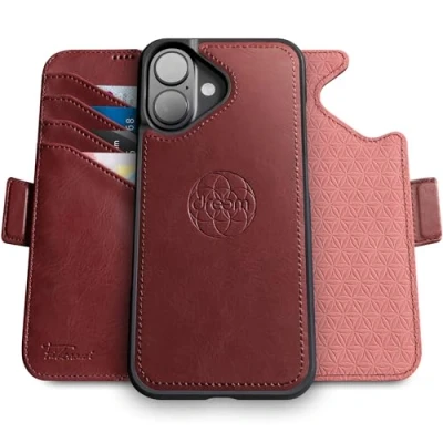 Afbeelding van Dreem Fibonacci compatibel met iPhone 16 portemonnee case / 2 in 1 schokbestendig hoesje en afneembare veganistisch lederen folio, MagSafe, RFID bescherming [Bourgondië]