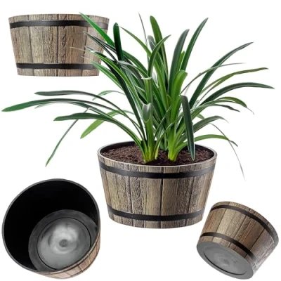 Afbeelding van KADAX Plantenpot in houten vatdesign, ø 50 cm, van weerbestendig kunststof, voor tuin, terras en balkon, decoratieve bloempot, bloempot of mokkabruin, vijver met wateremmer