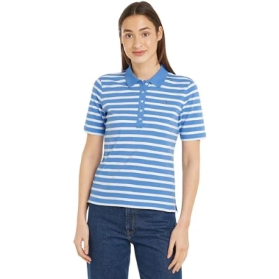 Afbeelding van Tommy Hilfiger Dames 1985 Reg Pique Stripe Polo Ss S/S polo&#039;s, blauw, XXS, Bretonse ecru/blauwe spreuk, XXS