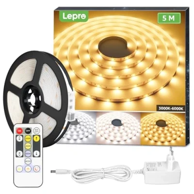 Afbeelding van Lepro ledstrip, 5 m, dimbaar, warmwit tot koudwit, 12 V, zelfklevend, flexibele doe het zelf IP20 300 leds SMD 2835, voor binnen, keuken, kamer, decoratie