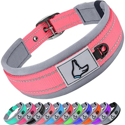 Afbeelding van Joytale Neopreen gewatteerde hondenhalsband voor grote honden, 11 kleuren, reflecterende brede halsbanden met duurzame metalen riemgesp, verstelbare zwaar belastbare nylon halsband, roze