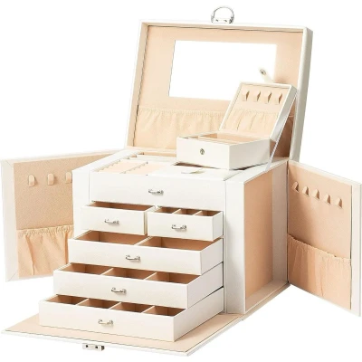 Afbeelding van Sieradendoos met spiegel Afsluitbaar 5 niveaus en laden Wit Ringen, oorbellen, halskettingen, armbanden