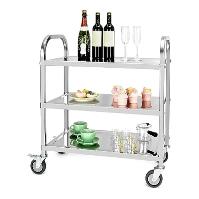 Afbeelding van QWORK® 3 laags RVS serveerwagen theewagen schoonmaakwagen met trillingsarme geremde zwenkwielen voor keuken, hotel, restaurant (75 x 40 83,5 cm)