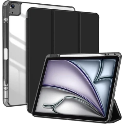 Afbeelding van ProCase voor iPad Air 13 inch hoesje 2024 M2 met potloodhouder, hoes doorzichtig transparant achterkant, schokbestendige Smart Folio, automatisch waken/slapen