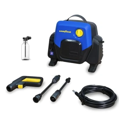 Afbeelding van Goodyear Nettoyeur Haute Pression 1400W Compact 100 Bar 4.5 l/Min. Pistolet et Lance Turbo. Enrouleur de Tuyau Bleu. Système Auto Stop. Réservoir détergent 200ml.