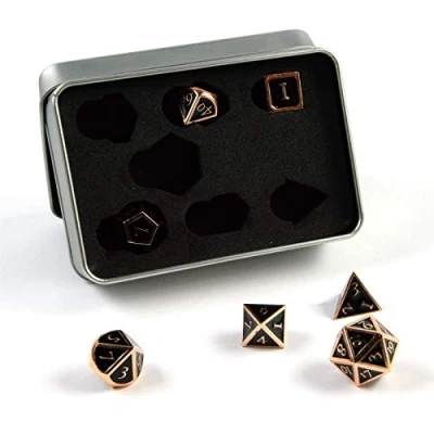 Afbeelding van shibby 7 polyhedrale metalen kubussen voor rol en tafelspellen in steampunk Koper Zwart look incl. opbergdoosje
