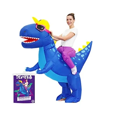 Afbeelding van AirSuit® Opblaasbaar dinosauruskostuum, blauw, ongewoon kostuum voor volwassenen, premium kwaliteit, van zeer duurzaam polyester, aangenaam om te dragen, inclusief opblaassysteem, OriginalCup®