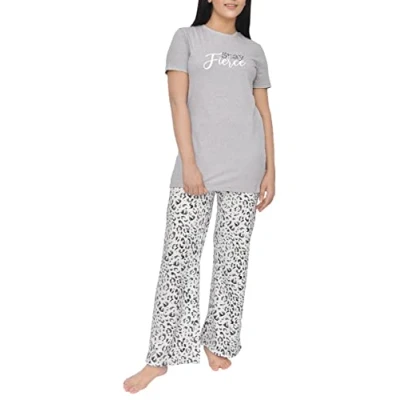 Afbeelding van Sleepdown Dames pyjama bedrukt 2 delig T shirt met korte mouwen en all over dierenprint wijde pijpen broek set casual loungewear nachtkleding, Grijze luipaard, L