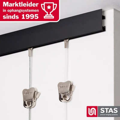 Afbeelding van STAS Schilderijrail Ophangsysteem Schilderijen / Fotolijsten Poster Ophangrails Zonder Boren Ophanghaak Ophangrek Schilderijrails Cliprail Max Zwart 150 cm Complete Kit