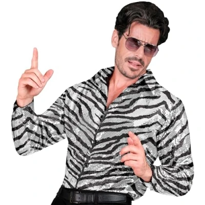 Afbeelding van Widmann Grappig &amp; Fout Kostuum Pailletten Overhemd Silver Tiger Joe Man Zilver XXL Carnavalskleding Verkleedkleding