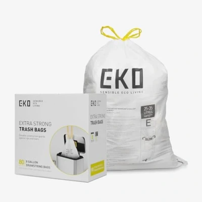 Afbeelding van EKO Easy Dispense Roll 80 Count Extra Sterke Trekkoord Hoge Keuken Vuilniszak, 8 9,5 Gallon Vuilniszak (30,3L 36L) 1 Pack Wit, Code E