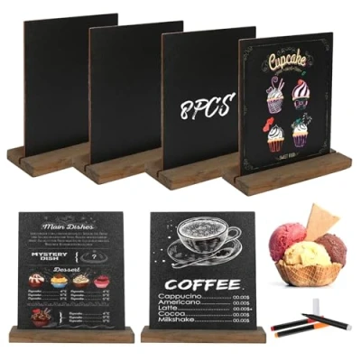 Afbeelding van Leisteenbord, 8 stuks, klein krijtbord met rustieke houten standaard, buffetborden, prijskaartjes, drankkaart voor bar, café, verjaardag, bruiloft, bevat 3 stiften (stijl 1)