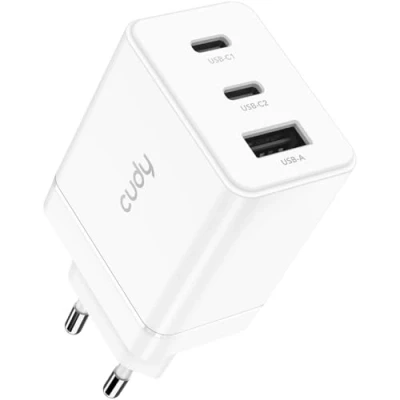 Afbeelding van Cudy USB C oplader, 67 W, 3 poorten, 2 type C, 1 A stekker, snel opladen, QC/PD 3.0 wandadapter voor iPhone, iPad, Samsung, Xiaomi, Oneplus, Sony enz., CH67