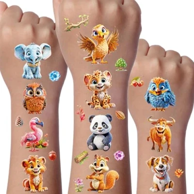 Afbeelding van Dieren Glitter Tattoo Set, 12 Vellen Dier Tijdelijke Tatoeages voor kinderen, Waterdichte Nep Tatoegeringsreeks Met, Feestdecoratie, Tatoeagestickers Gongens en Meisjes