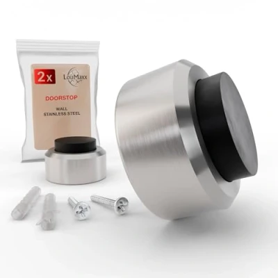 Afbeelding van LouMaxx Deurstopper voor aan de muur, roestvrij staal, set van 2, deurstopper, wanddeurstopper, buiten, met schroeven, inclusief montagemateriaal