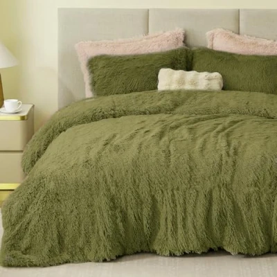 Afbeelding van Sacebeleu winterbeddengoed, 135 x 200 cm, pluche, langhaar, wollig, flanel, dekbedovertrek, avocado, groen, warm dekbedovertrek en 1 kussensloop 80 cm met ritssluiting