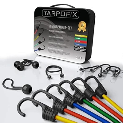 Afbeelding van Tarpofix® Premium bagagespanner, rubberen spanner, 24 delige universele spanner expanderset incl. zeilspanner kort, extra sterke spanrubbers met haken voor fiets, motorfiets en auto (25 100 cm lengte)