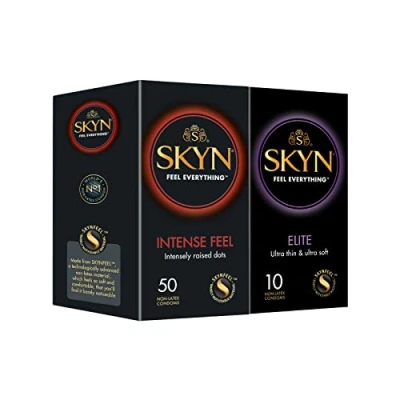 Afbeelding van SKYN Intense Feel condooms (50 Pak) &amp; Elite (10 Skynfeel latexvrije, voor mannen, van normale grootte, geribbelde en gestippelde rechte vorm, ultradunne zacht