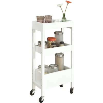 Afbeelding van SoBuy® FKW49 W Keukentrolley rolwagen met 3 vakken, niswagen, badrolwagen, keukenrek, keukenwagentje, wit, BHT ca: 21x83x40cm