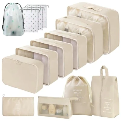 Afbeelding van Gemtte Kofferorganizerset, 14 stuks, waterdichte verpakkingskubus, multifunctionele reiskubussen, kofferorganizer, paktassen voor koffer, reisorganizerset met kledingtassen (beige)
