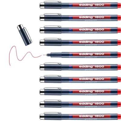 Afbeelding van edding 1800 precisiefineliner rood 10 stiften lijnbreedte 0,25 mm fineliner om precies te schrijven en schetsen fijne, in metaal gevatte punt geschikt voor liniaal sjablonen