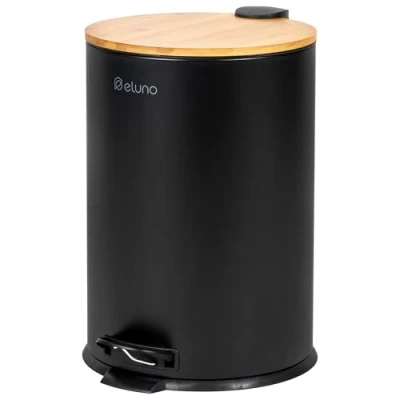 Afbeelding van eluno Afvalemmer, pedaalemmer, keukenafvalemmer, 20 liter inhoud, met soft close bamboedeksel, voor badkamer, keuken, uitneembare kunststof binnenemmer, van bamboe en zwart metaal