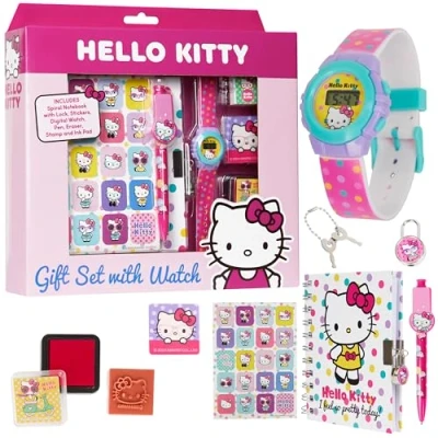 Afbeelding van Hello Kitty Notitieboek, digitaal horloge, accessoires, meisjes, balpen, dagboek, met hangslot, gum, stempel, cadeau voor meisjes en tieners