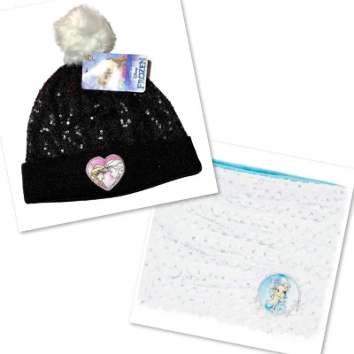 Afbeelding van Disney Frozen winterset met pailletten muts+colsjaal zwart/wit maat 52 (±3 5 jaar)