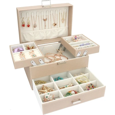 Afbeelding van Sieradendoos, 3 lagen, grote sieradenkistje, sieradenorganizer met lade voor armbanden, oorbellen, ringen, halskettingen, horloges, wit