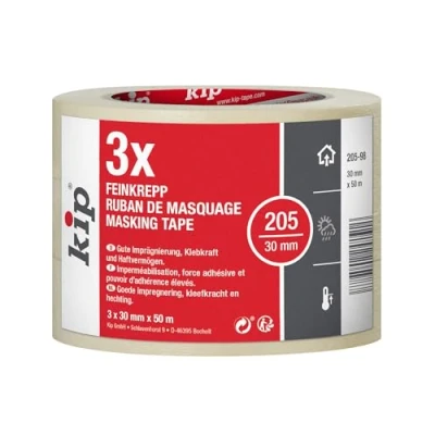 Afbeelding van Kip Tape 205 98 Fijne crêpe, professionele schilderskape, geïmpregneerd afplakband voor het schilderen en lakken, 3 rollen van elk 30 mm x 50 m