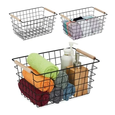 Afbeelding van Relaxdays draadmand set van 3 handgrepen mandjes badkamer kleding zwart