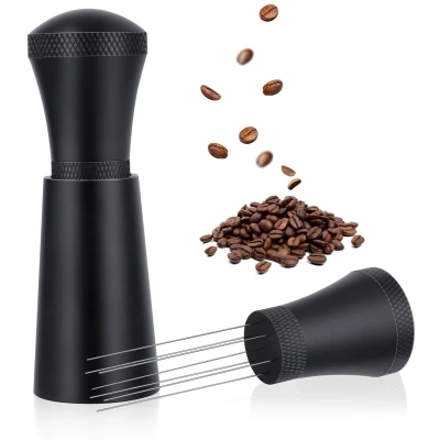 Afbeelding van VMUTGA wdt Tool, koffieverdeler, aluminium Tool voor espresso met standaard, espresso, barista gereedschap 7 roestvrijstalen fijne naalden, zwart (3 reservenaalden)