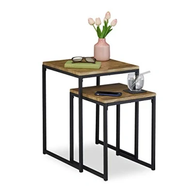 Afbeelding van Relaxdays bijzettafel set van 2, industrieel design, tafels, mimiset twee groottes, vierkant, metaal, houtkleur/zwart