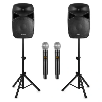 Afbeelding van Vonyx karaoke speaker set met statieven en 2 draadloze microfoons