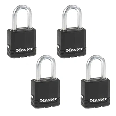 Afbeelding van Master Lock M115XQLFCCSEN, Vier stuks 1 7/8 inch breed magnesium bedekt gelamineerd stalen hangslot, 5/16 diameter, 1/2 beugel opruiming, 4 pack, zwart, (Pack van 1)