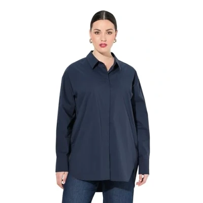 Afbeelding van Ulla Popken oversized, grote maten, oversized hemdblouse, parelmoerknopen, hemdkraag, lange mouwen, marineblauw, 42 44