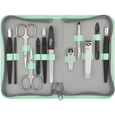 Afbeelding van 12 delige manicureset nagelset voor dames en heren met alles wat u nodig heeft manicure pedicure, in hoogwaardig imitatieleren etui